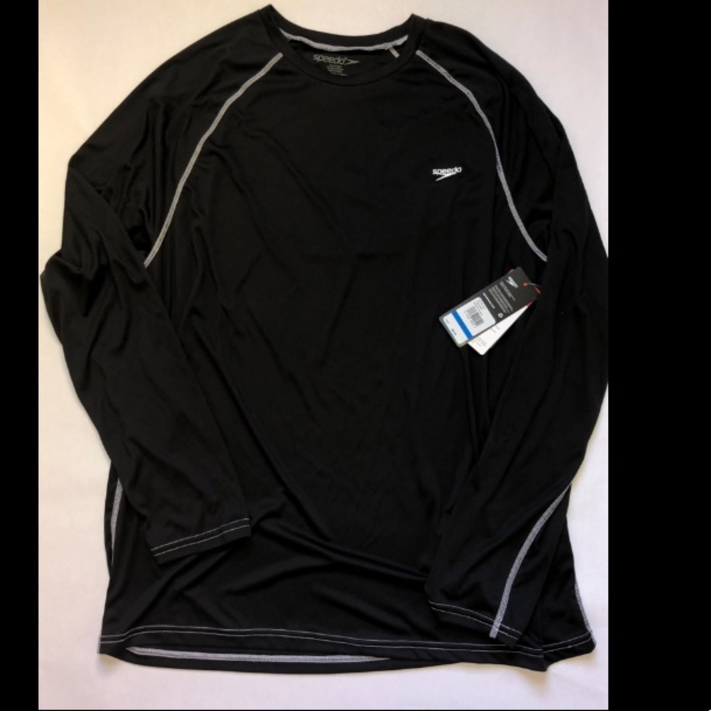Speedo Men’s UV Swim Shirt Long Sleeve Loose Fit Easy Tee Black XL